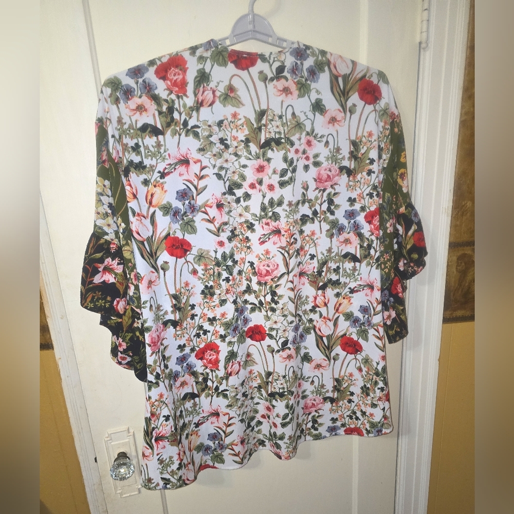 Umgee Floral Ruffle Sleeve  Long Duster Kimono Open Front  Multi-Color  Size M/L - Picture 7 of 12